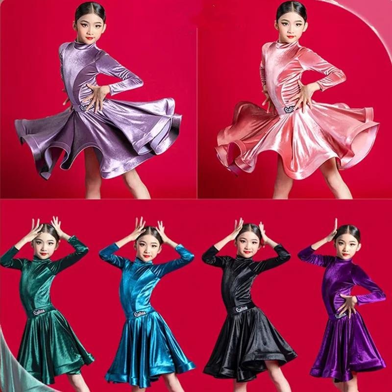 

Kids Velvet Latin Dance Dress For Girls Child Competition Ballroom Tango Salsa Dancewear Practice Dancing Wear Cha Cha