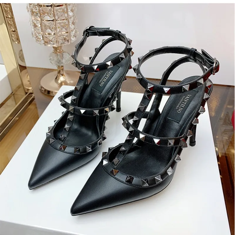 Summer Women's High Heel Sandals Lacquer Leather Rivet Fashion Pointed High Heel Shoes Black Gold Girls' Sandals women sandals women high heels