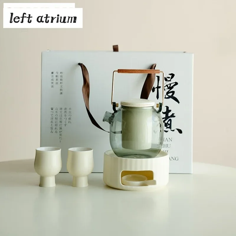 Milk Yellow One Pot Two Cups Candle Warm Tea Stove Set Chinese Ceramic Heating Tea Base Thickened Glass Cooking Kettle Gift Box