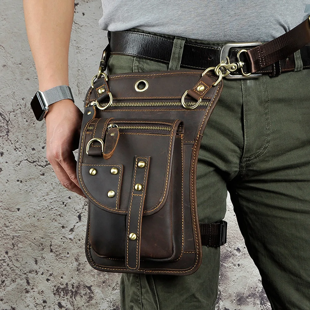 

Men Waist Pack Drop Leg Bag Cross body Messenger Shoulder Genuine Leather Rivet Purse Real Cowhide Hook Hip Belt Bum Fanny Bags