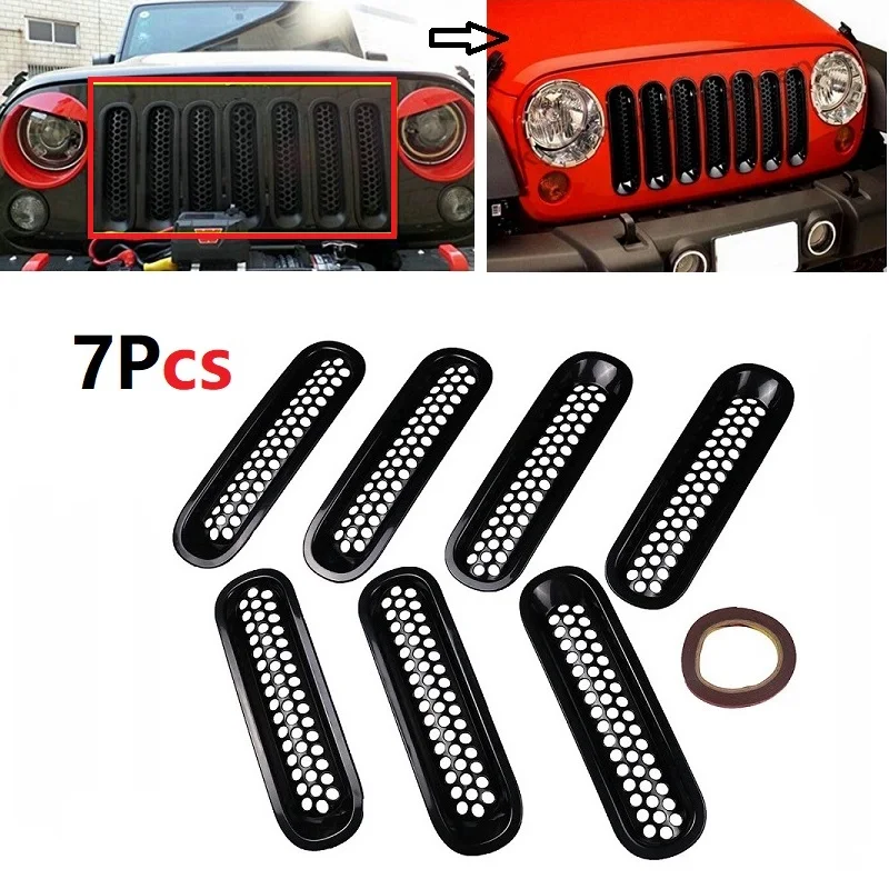 

For Jeep Wrangler JK 2007-2017 ABS Front Grille Insert Grill Cover Trim Mesh Grille Inserts Covers Car Styling 7Pcs