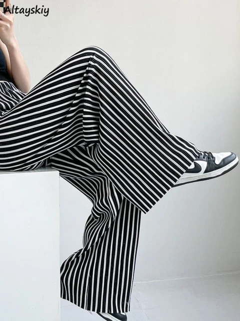 Summer New Fashion All-match Women's Casual Pants Retro Striped Color Slim  Long Slit Wide Leg Pants DK1053