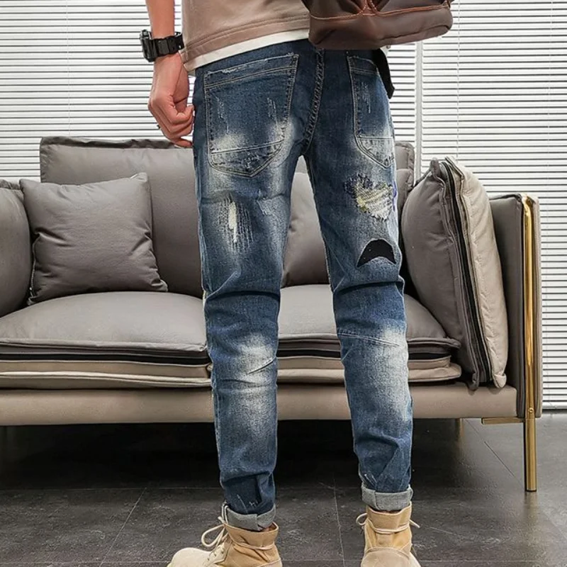 Graphic Men's Jeans Tapered Man Cowboy Pants Ripped Print Torn Slim Fit Trousers Korean Fashion Retro Broken Harajuku Xs XL