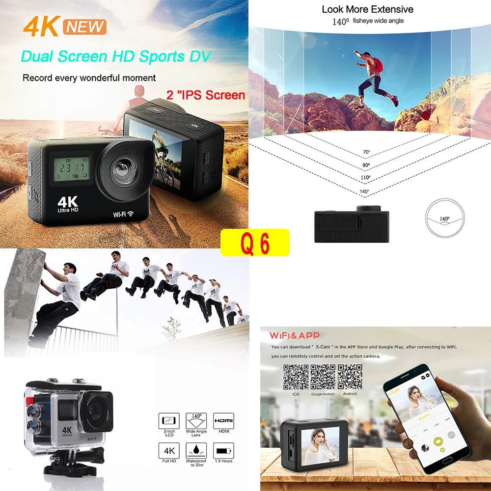 Q6S Action Camera Ultra HD 4K/60fps 24MP WiFi 2 "IPS Screen170D Subaquático 30M Anti-Shake Con Sony 386 Lens Casco Video Camera - immagine 5