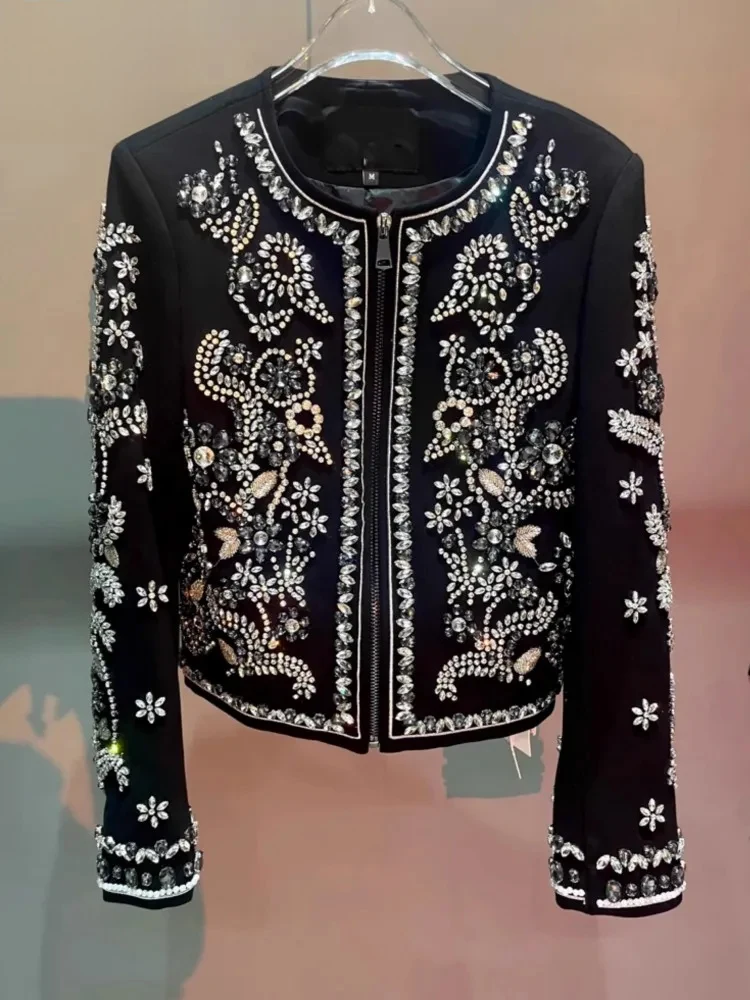 

Banquet Luxury Beading Diamonds Women Jacket French Court Style Handmade Short Coat Elegant Runway Retro Design Elegant Jackets