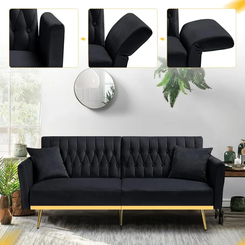 70” Velvet Futon Sofa Bed with Pillows – Convertible Loveseat Sleeper with Adjustable Backrests & Armrests 6