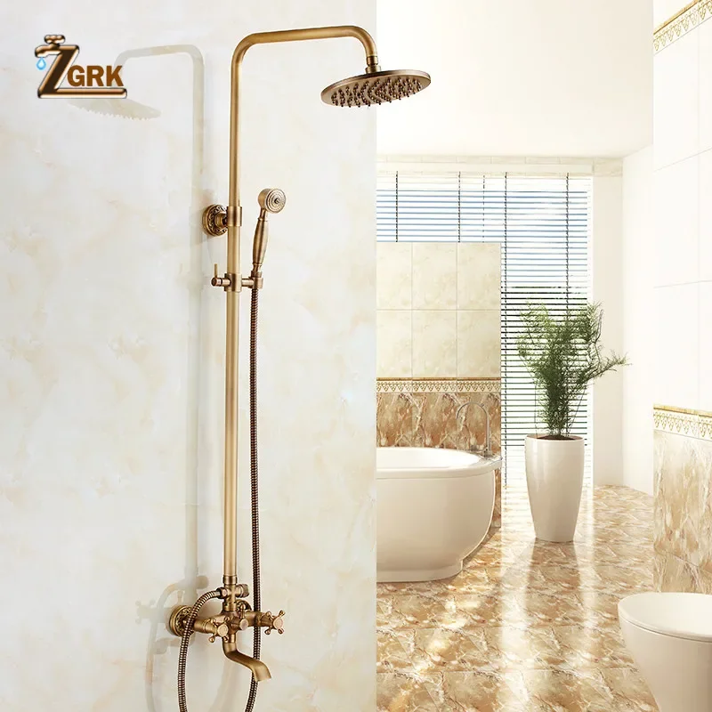 ZGRK Classic Rainfall Shower Set Antique Bronze Bath Shower Faucet Set Copper Wall Mounted Swivel Spout Mixer Tap System