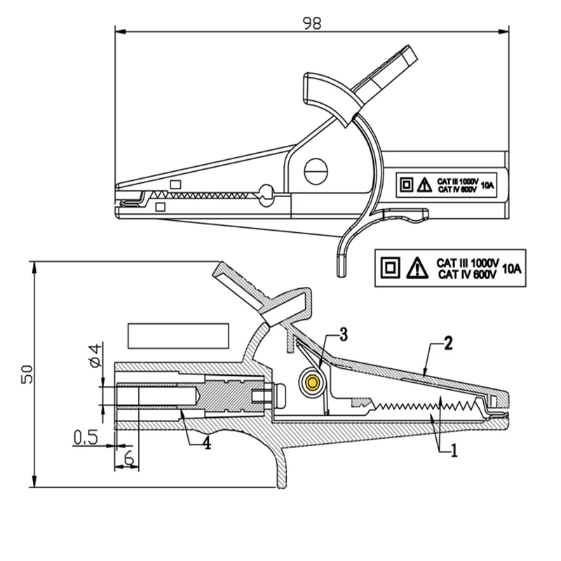 2 Stück Krokodilklemme, Multimeter-Zubehör, Länge: 98 mm, Schnittstelle: 4 mm, Bananenbuchse 1000 V/10 A – Detail 3
