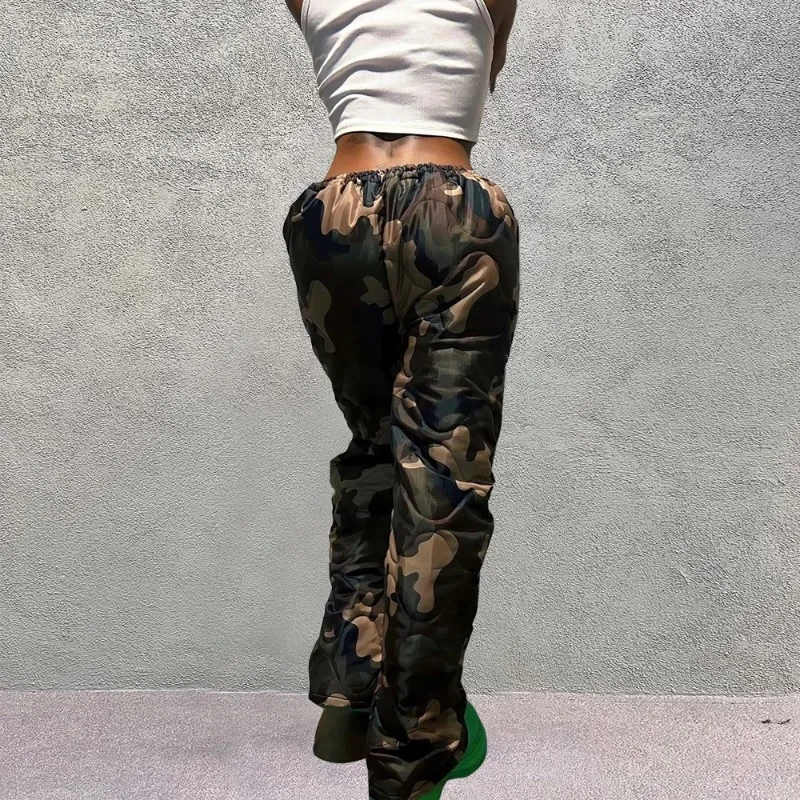 Camouflage Padded Cotton Loose Casual Straight Pants Women Streetwear 2023 Winter Fashion Elastic Mid Waist Trousers