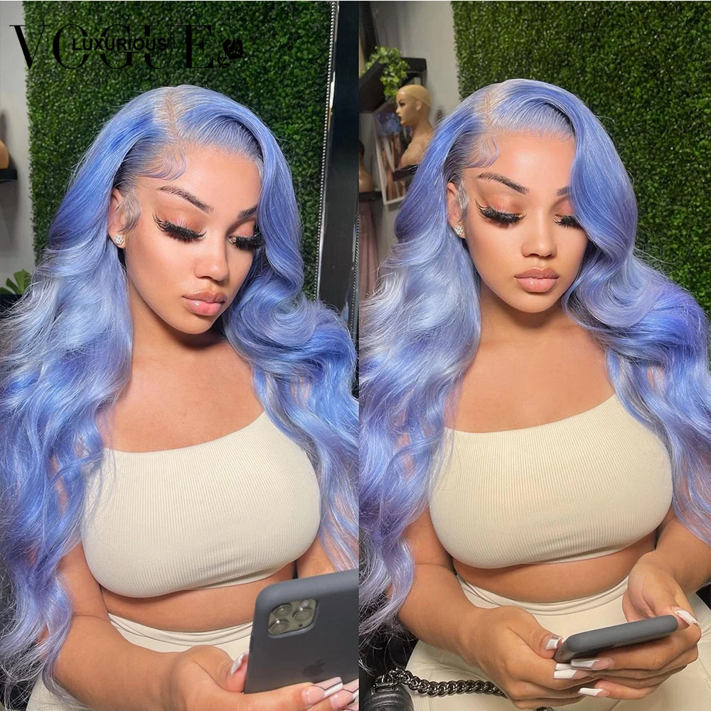 

Light Blue Colored Body Wave 13X4 Transparent Lace Front Human Hair Wigs Glueless Brazilian Remy Frontal Wig Pre Plucked On Sale