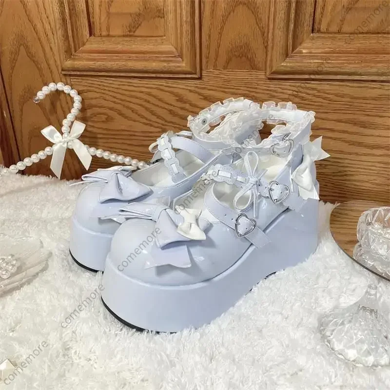 Lace Bowknot White Lolita Shoes for Women 2025 Heart Buckle Platform Mary Janes Woman Japanese Style Patent Leather Jk Shoes 3