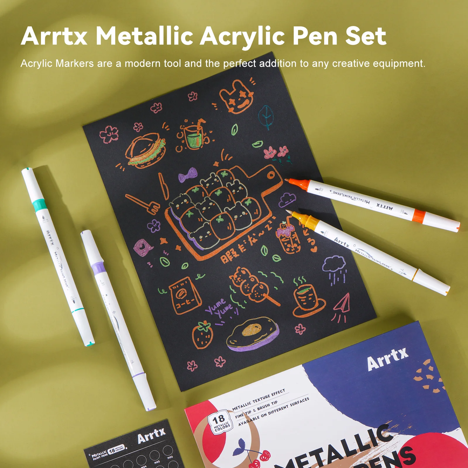 Akrylowe markery Arrtx 18 metaliczny kolor brokatowe pisaki z podwójną końcówką do skały, drewna, tkaniny, plastiku, płótna, papieru, pisanki