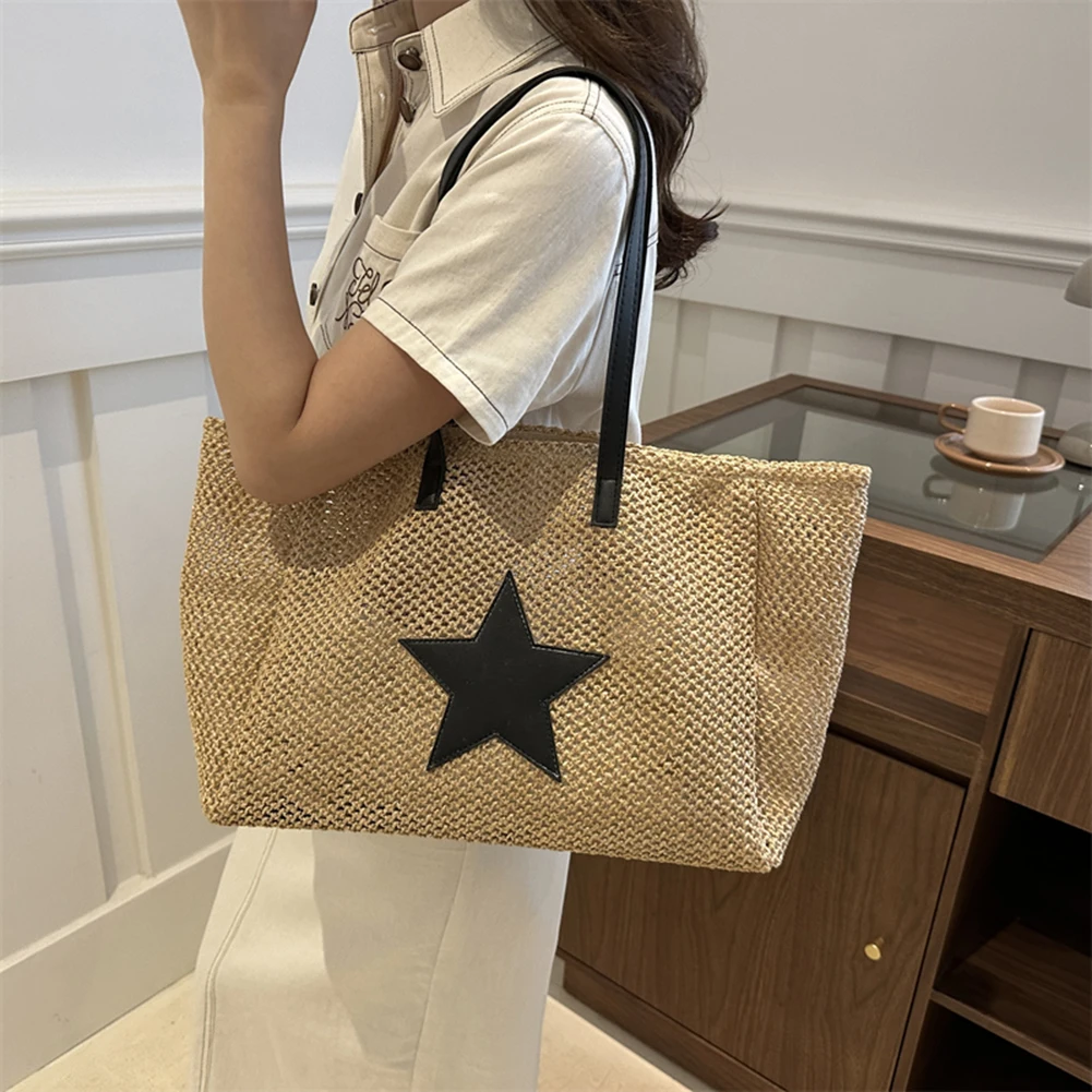 Trendy Straw Shoulder Bag for Women Star Summer Beach Bag Raffia Casual Underarm Bag 2024 Rattan Woven Travel Handbag for Women