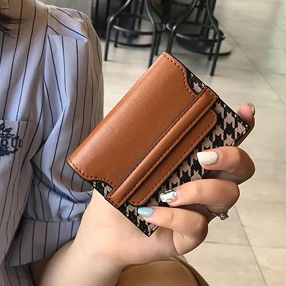 

Korean Style Houndstooth Card Bag Fashion PU leather Clutch Bag Card Holders Clutch Coin Purse Card Pocket Short Wallet Outdoor