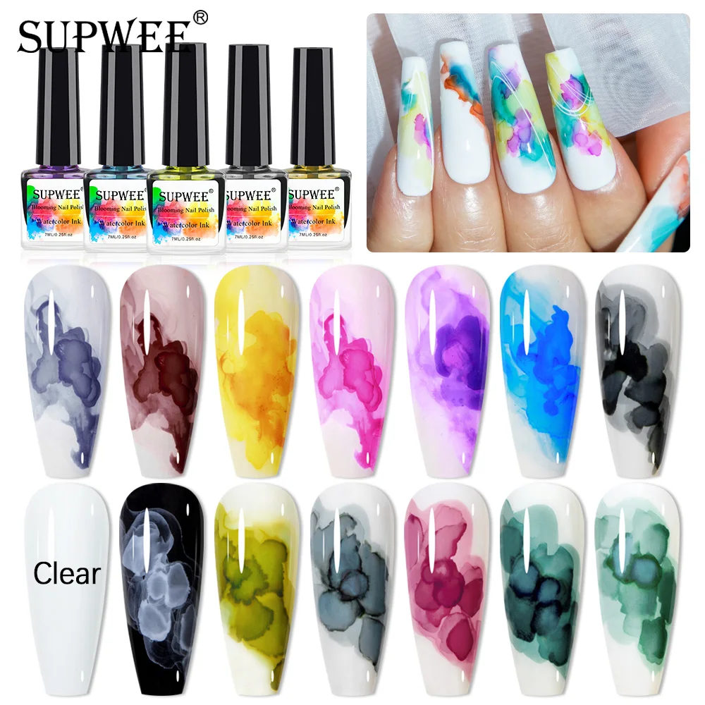 SUPWEE 7ML Blooming Gel Nail Polish Smoke Effect Gel Watercolor Ink Nail Art Blossom Gel Semi Permanent Soak Off UV Gel Varnish meet across 8ml metallic nail gel polish metal mirror effect silver gold semi permanent soak off uv led gel nail art varnish