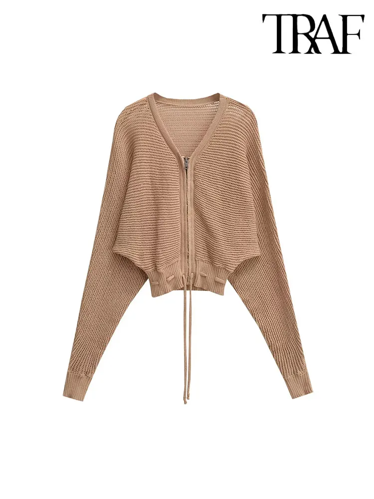 

TRAF 2023 Autumn Women Hollow knit Flying Jacket Coat Solid Casual Female Long Sleeve Zipper Daily Commuting Cardigan Sweater