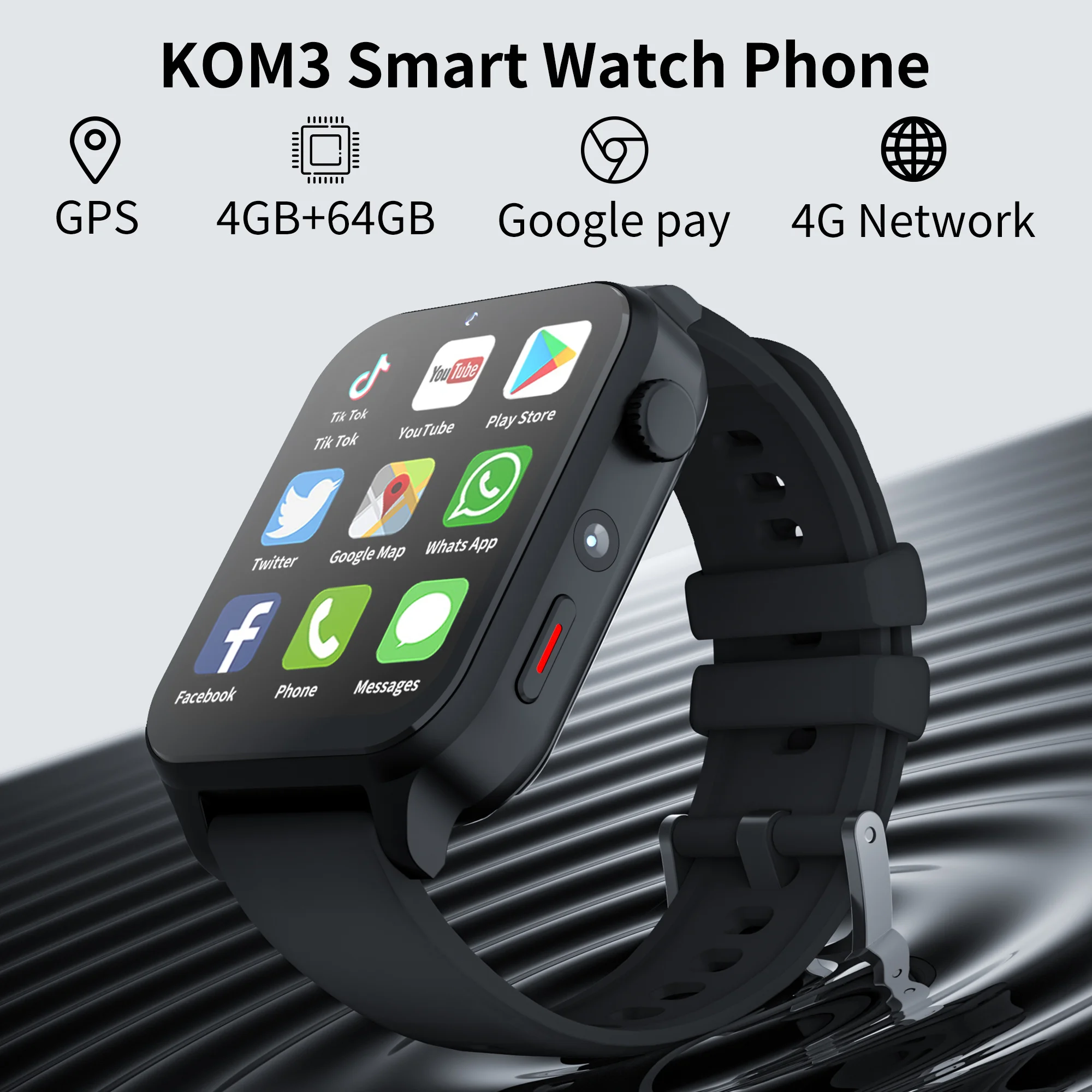 

KOM3 4G Internet Smart Watch Phone 4GB 64GB Android 9.0 GPS 1.99" Screen Dual Camera Google Play SIM Card Sports Watch for Men