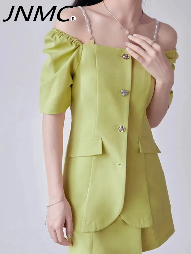 

JNMC 2024 Women's Spring/summer Thin Solid Color Elegant Pearl Chain Decorated Off-the-shoulder Suit Short Sleeve Jacket