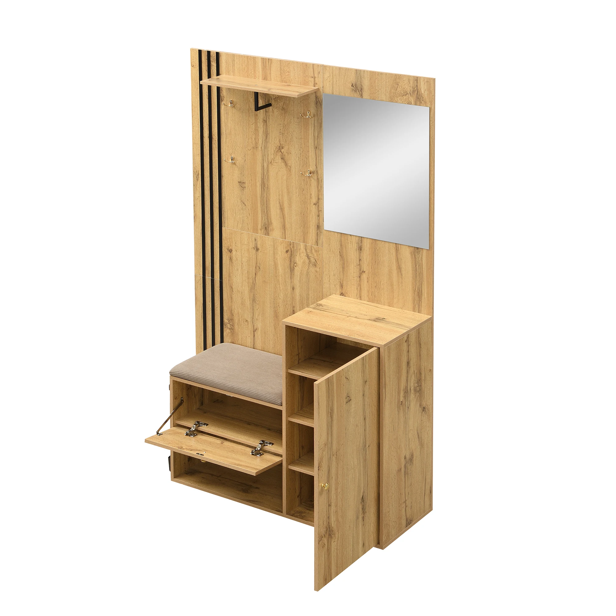 Kompaktes Garderobenset mit Spiegel, Kissen, schwarzem Zierstreifen, Regenschirmhalter und Schuhschrank (B x H x T: 115 x 185 x 37). – Detail 14