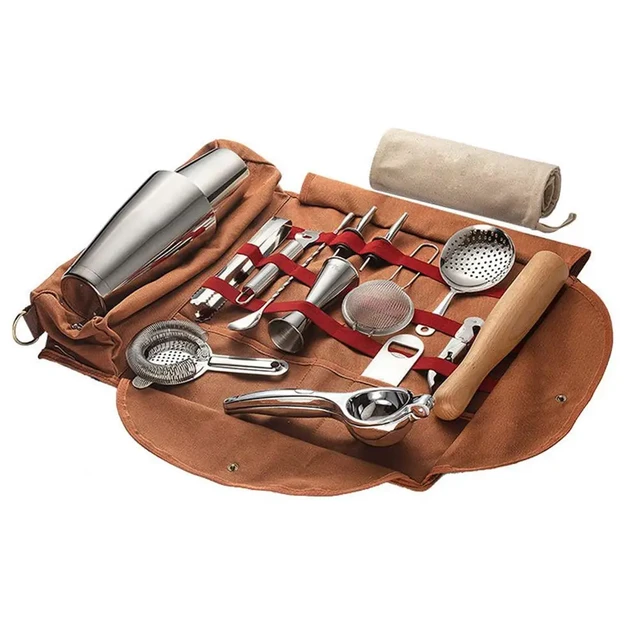 Amazon.com: Professional Bartender Kit and Cocktail Shaker 27 Piece Kit -  Bar Accessories - Mixology Bartender Kit, Barware Kit Including Wooden  Muddler, Jigger, Strainers and Martini Tool, Canvas Carrying Bag: Home &  Kitchen