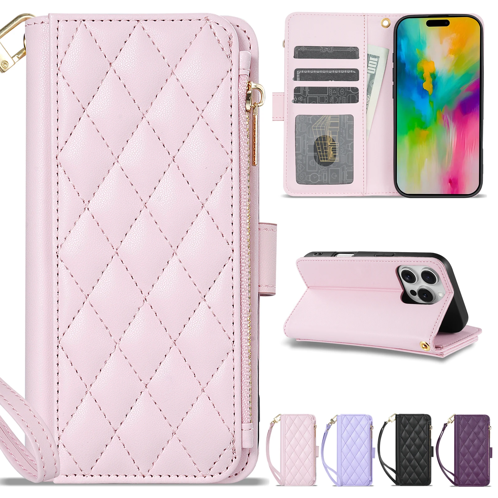 Compact Leather Wallet Case with Zipper Card Slot and Magnetic Flip Stand Feature
