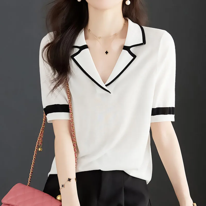 

Short Sleeve T Shirts Women Contrast Color Tops Knitted White T Shirt 2023 Summer Loose Casual Womens Clothes Tee Shirt Femme