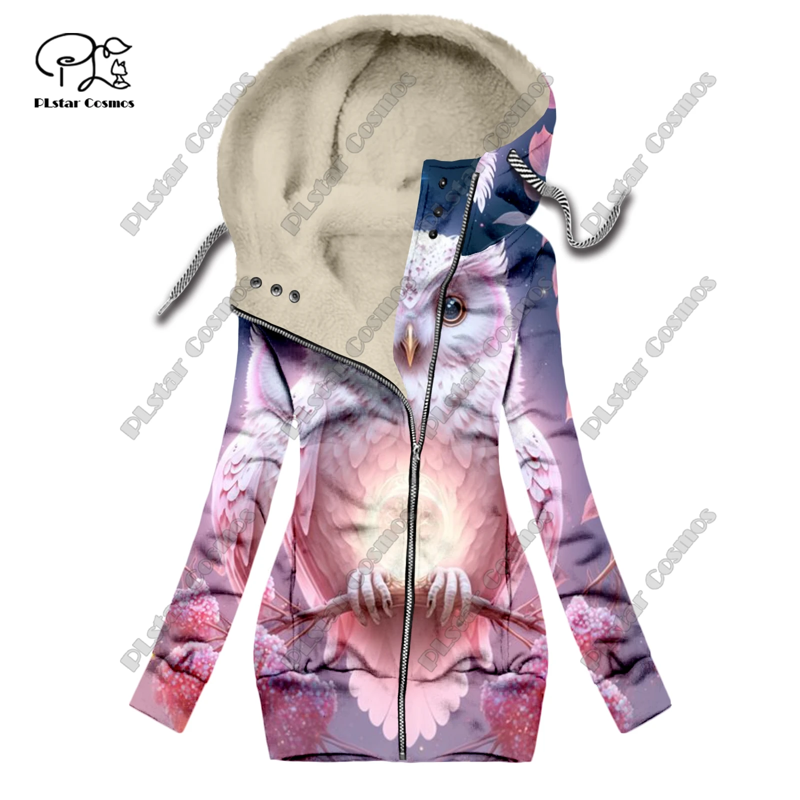 New 3D printed animal series cute owl pattern plus velvet warm women's long zipper hoodie coat commuting casual winter M-6
