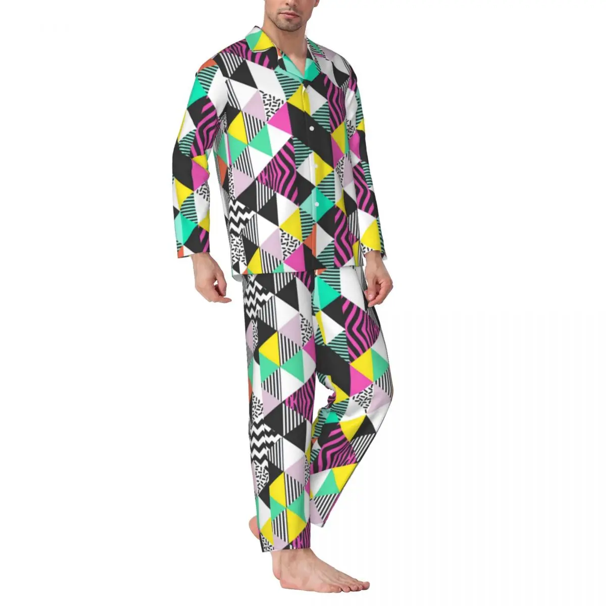 

Modern Geometric Art Pajama Sets Autumn Abstract Triangles Sleep Sleepwear Unisex 2 Pieces Casual Oversized Custom Nightwear