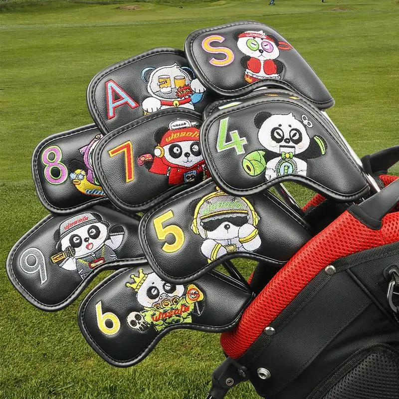 9pcs Panda Golf Clubs Head Covers With Panda Embroidered Club Label PU Club Head Protector For