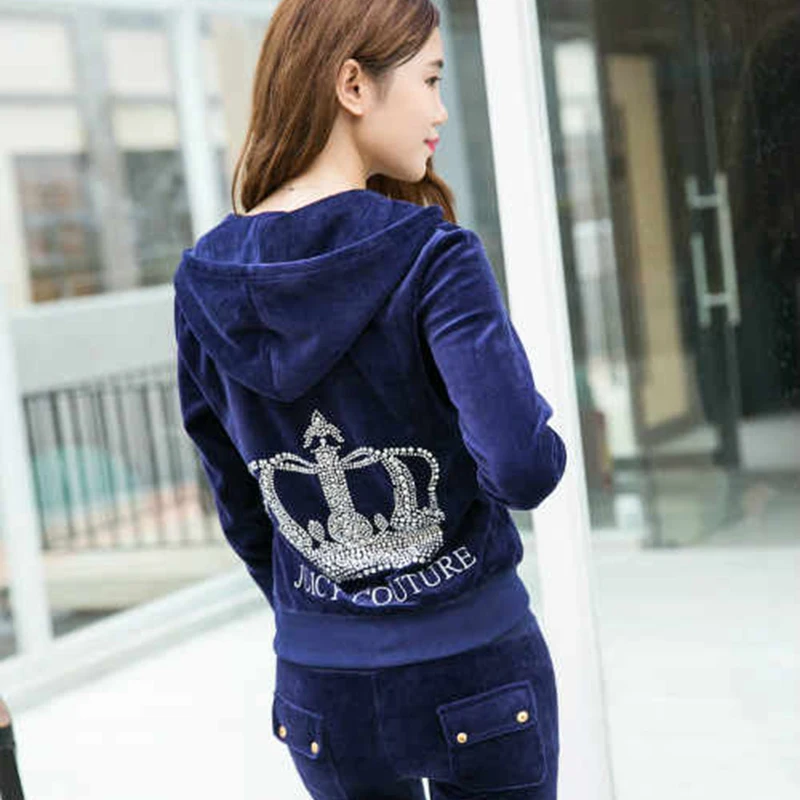 Autumn And Winter Velvet Suit Gold Velvet Sportswear Hooded Sweater With  Diamond Crown Embroidery Running Women's Wear - AliExpress