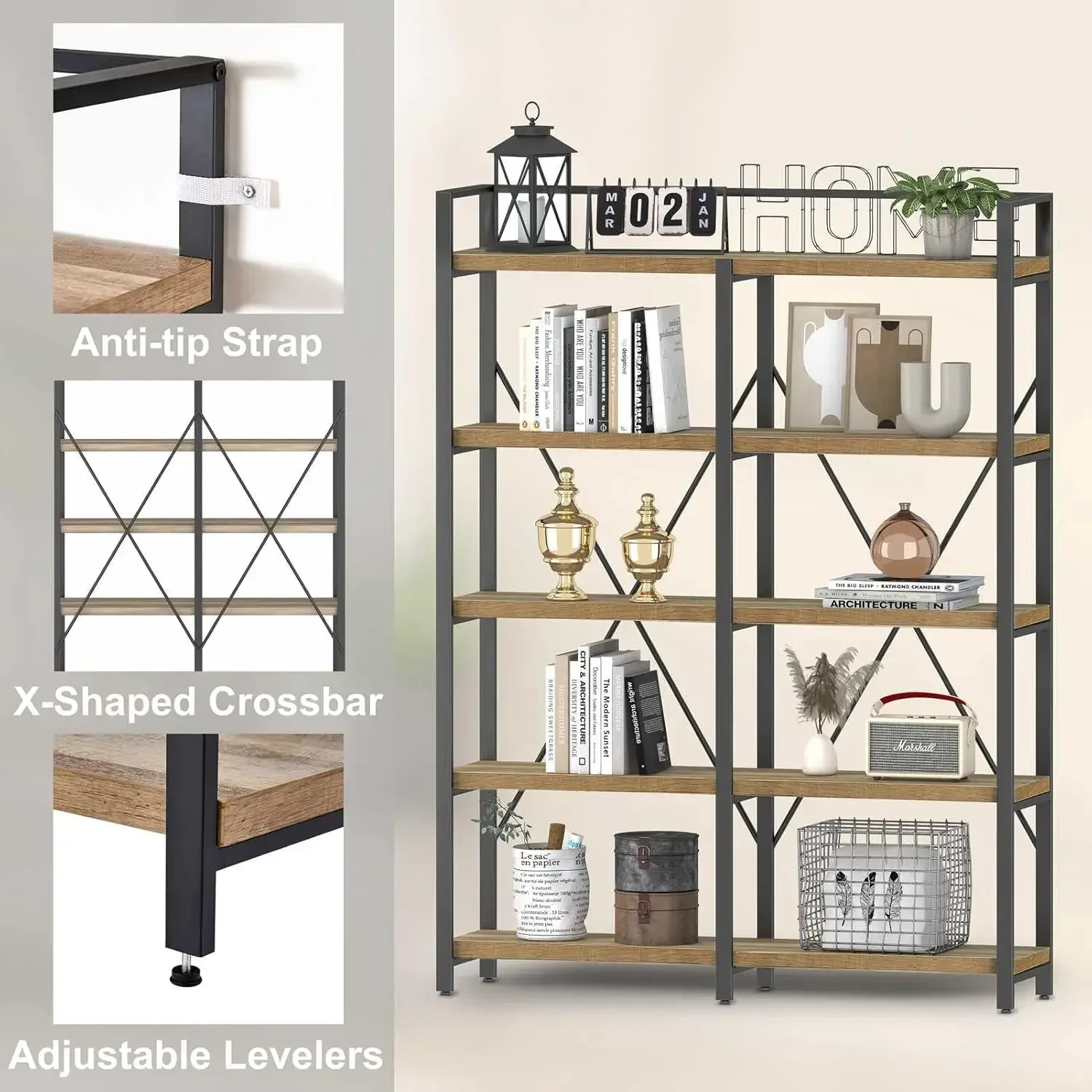 NEW-Bookshelf, Industrial 5 Tier, Rustic Wood Etagere Bookcase, Metal Tall Book Shelf