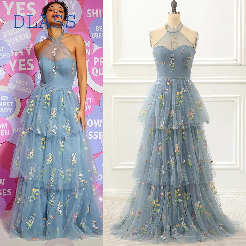 

Элегантные тюлевые трапециевидные платья для выпускного вечера 2024 Цветочная вышивка Холтер без Рукавов самозавязывающиеся ленты строгие вечерние юбки для женщин