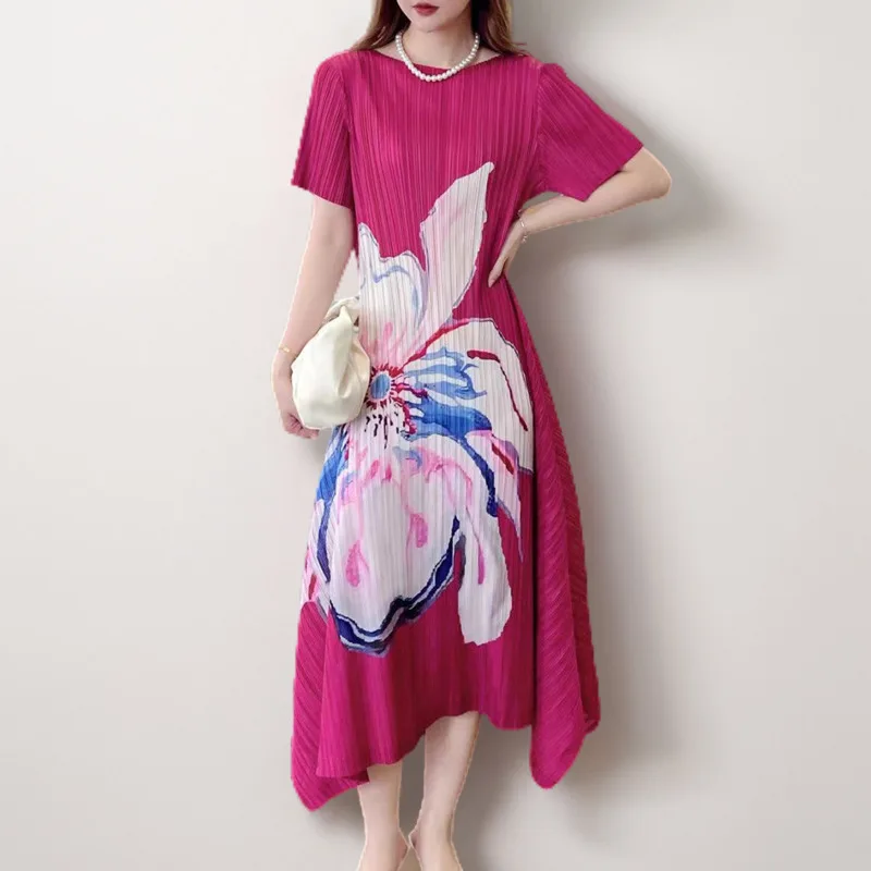 

COZOK Fashionable Printed Irregular Design Women's Dress Short Sleeved Summer New Round Neck Pleated Loose Temperament WT6195
