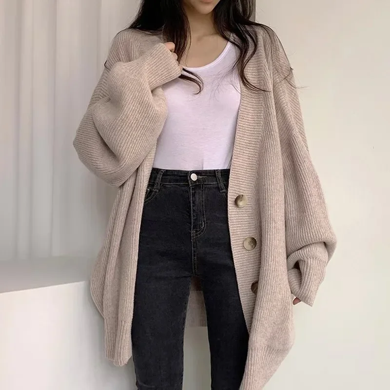 

VANOVICH 2024 Autumn and Winter Women's V-neck Single-breasted Loose Lantern Sleeve Knitted Cardigan Solid Color Casual Sweater
