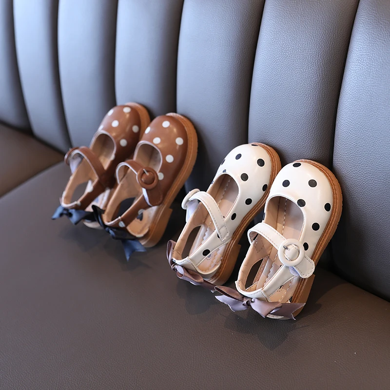 Toddler Girl's Mary Janes Elegant Back Bowtie Beige Khaki Four Season Children Leather Shoes 21-30 Polka Dot Light Kids Shoes leather shoes mary jane shoes girls shoes