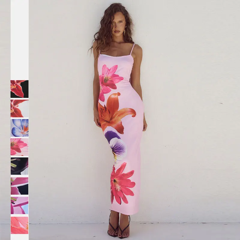 

Women Flower Print Off Shoulder Dress Halter Sleeveless Dress Sexy Slim Fit High Waist Spaghetti Strap Party Long Dresses