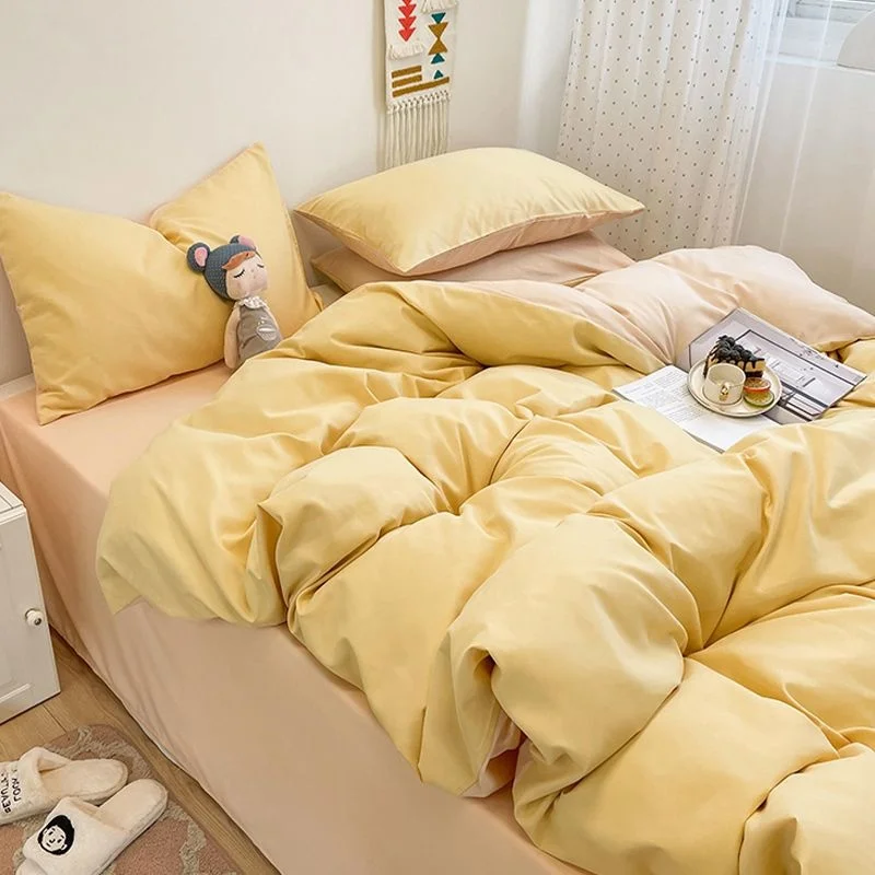 Cream Style Pink Yellow Bedding Set Twin Full Queen King Size Bed Linen Girls Adults 180x220cm Bed Flat Sheet Pillowcase Kawaii 3