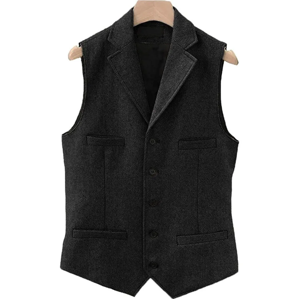 Tweed Herringbone Mens Suit Vest Slim Fit Notch Lapel With 4 Pockets Groomsmen Wedding Waistcoat For Wedding 2