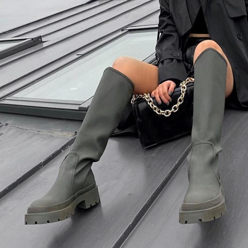 Botas negras con plataforma para mujer, Botines altos la rodilla de tacón medio grueso a la moda, informales de fiesta, botas altas hasta el muslo| | - AliExpress