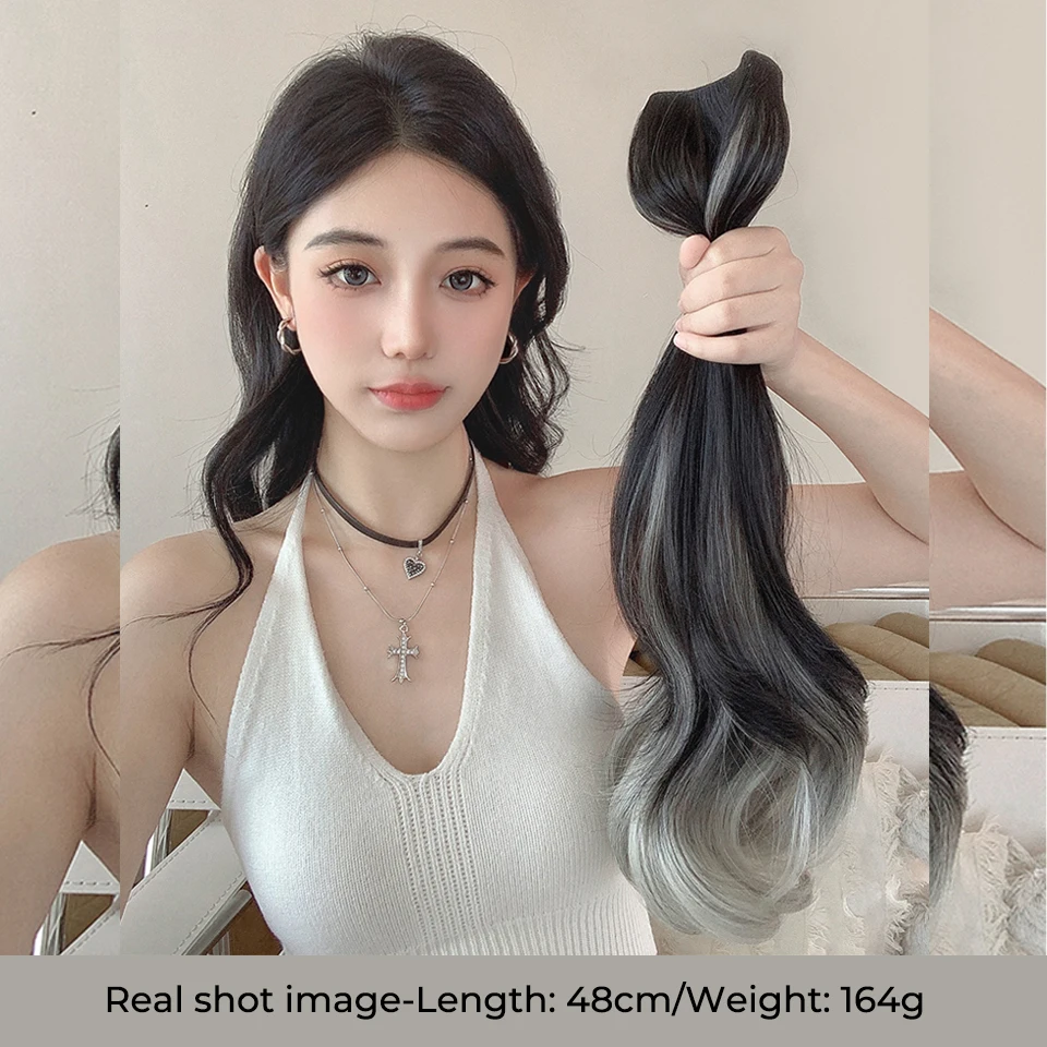 Parrucca sintetica lunga riccia ondulata a forma di U per donna, con clip nere e marroni, extension per capelli naturali sintetiche_voghion.com