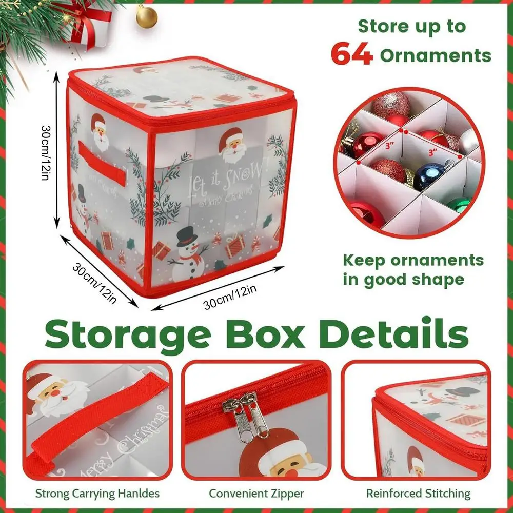 Christmas Ornament Storage Box with Dividers 64 Ball Capacity Zippered Container for Holiday Decor Home Garage Closet Organizer