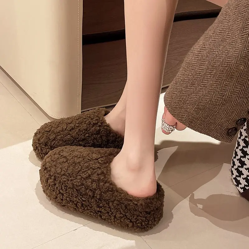 Winter Women Warm Cartoon House Slippers Concise Round Toe Shoes Ladies Comfort Lambwool Flats Slides Shoes 2025
