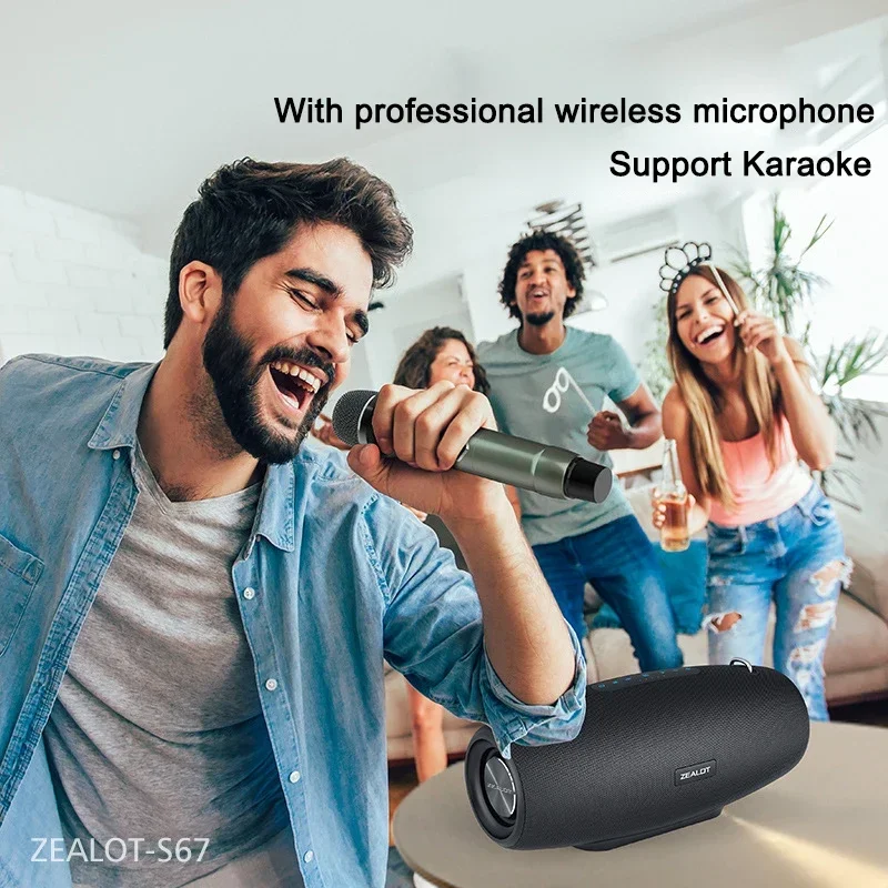 S67 휴대용 스피커, 2 개의 무선 마이크 및 어깨 스트랩, 지지대 TWS, AUX 입력, USB, 저음 및 고음, 파티용