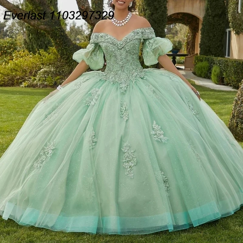 

EVLAST Shiny Mint Green Quinceanera Dress Ball Gown Lace Applique Beading Corset Puffy Sleeve Sweet 16 Vestido De 15 Anos TQD403