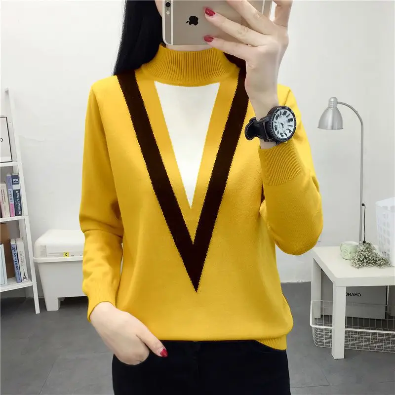 

Long Sleeved Knitted Bottoming Shirt Sweater Women with a Half High Collar Slim Fitting Sweater Autumn and Winter Top Women