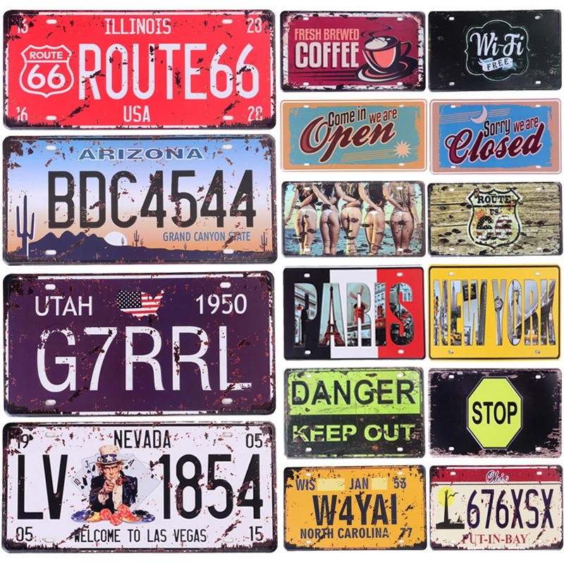 

Car Number Plate License Shabby Metal Tin Sign Pin Up Wall Sign Route 66 Metal Tinplate Poster Garage Bar Board Painting Decor