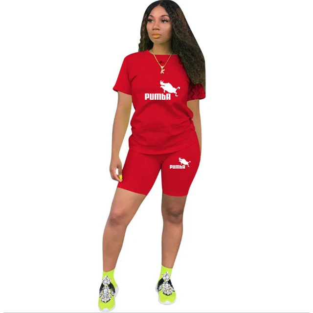 Summer Women Short Sleeve O-Neck Tee Tops+Pencil Shorts Suits Two Piece Set Tracksuits Outfit Graphic t shirts Ropa De Mujer Red