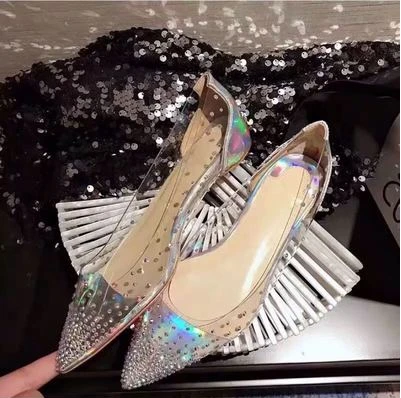 

Bling Diamond Transparent Pointed Toe Flat Sole Single Shoes Women's Spring Summer Newest Crystal Shoes Shallow Woman Shoes