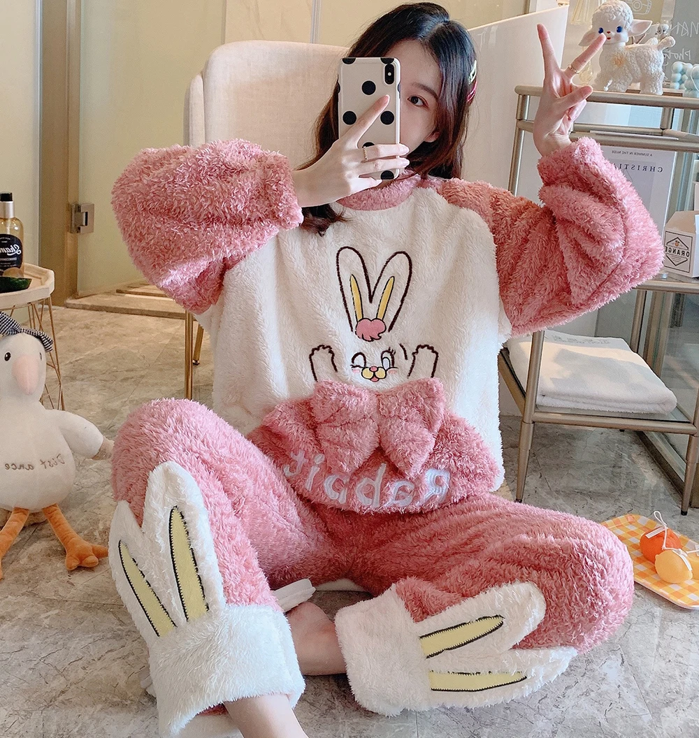 Winter Warm Flannel Women Pyjamas Sets Thick Coral Velvet Long Sleeve Rabbit Cartoon Sleepwear Plush Pajamas Set For Women Pjs