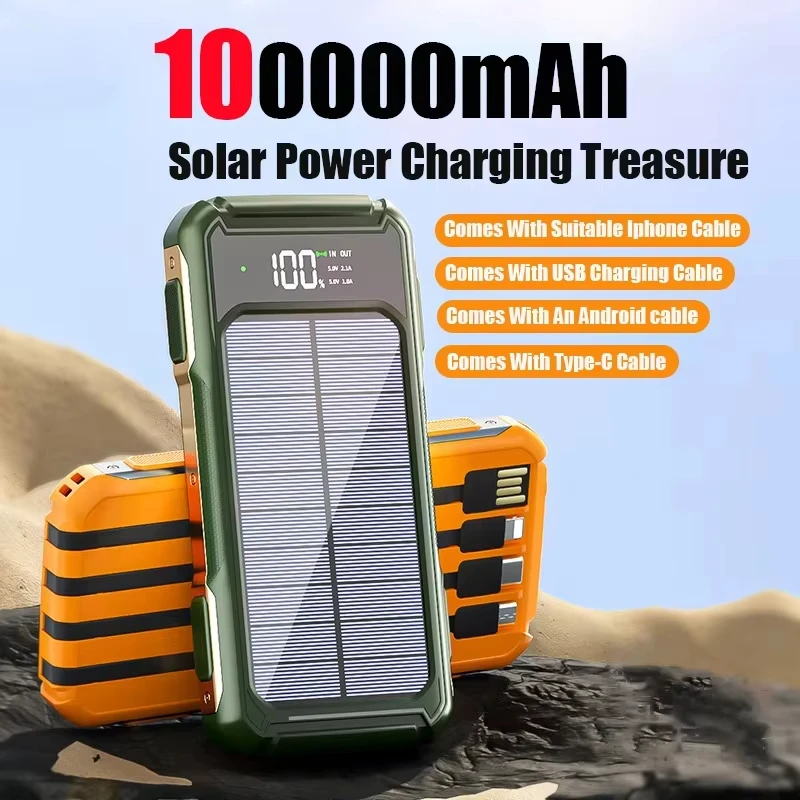 100000mAh Large Capacity Solar Power Bank 4 in 1 Built in Cable Intelligent Digital Display Laser Light for Samsung Apple Xiaomi 2